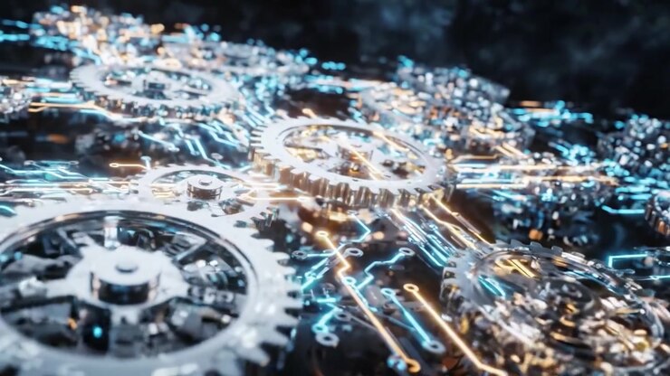 Intricate Mechanisms of Gears Intertwined with Illuminated Circuitry: A Fascinating Look at the Fusion of Mechanical Components and Digital Technology