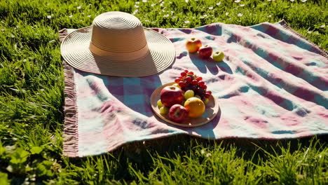 picnic in the grass with fruits and hat