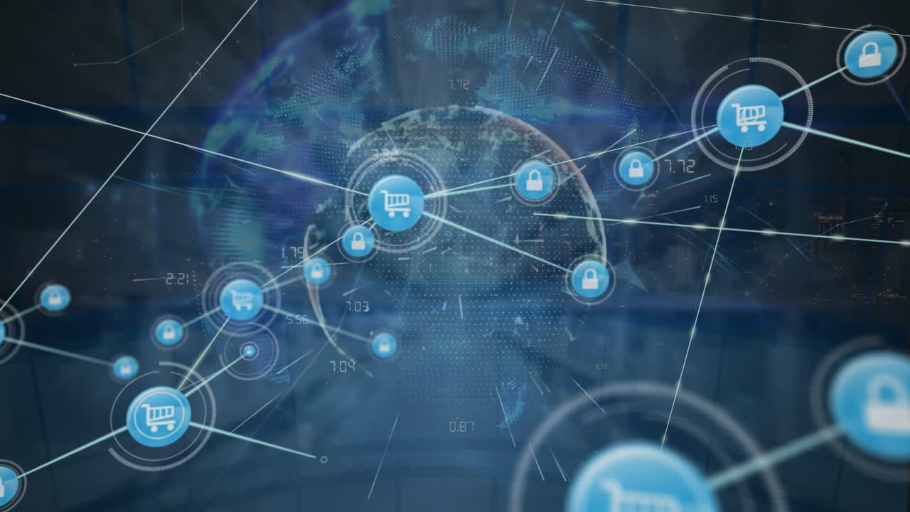 animación de iconos y números conectados en todo el mundo contra el almacén en el fondo