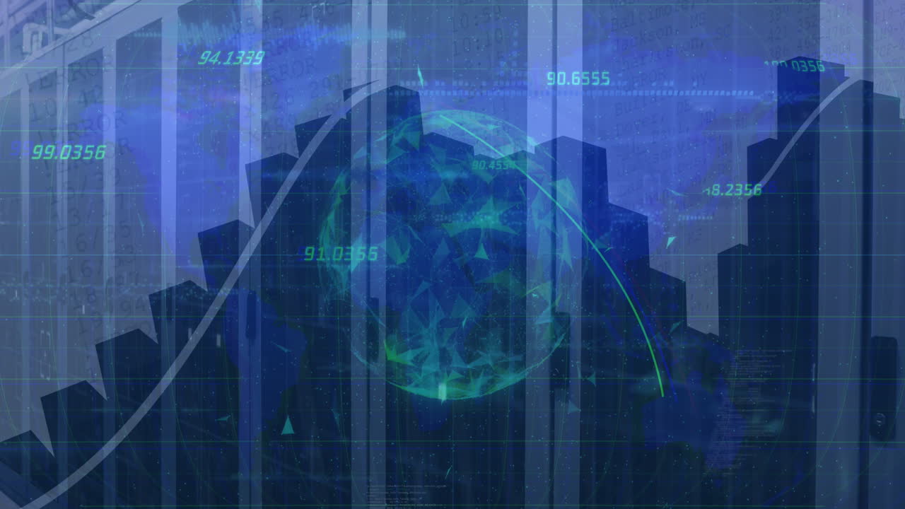 animación de globos giratorios y gráficos múltiples con números sobre bastidores de servidores de datos