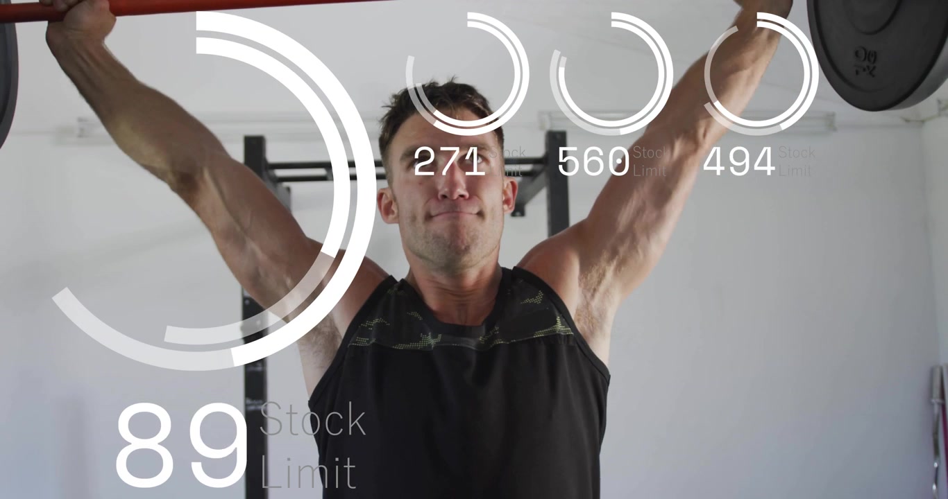 Mid-adult man doing fitness press, driving red-bar upward while HUD tracking reps, ending set
