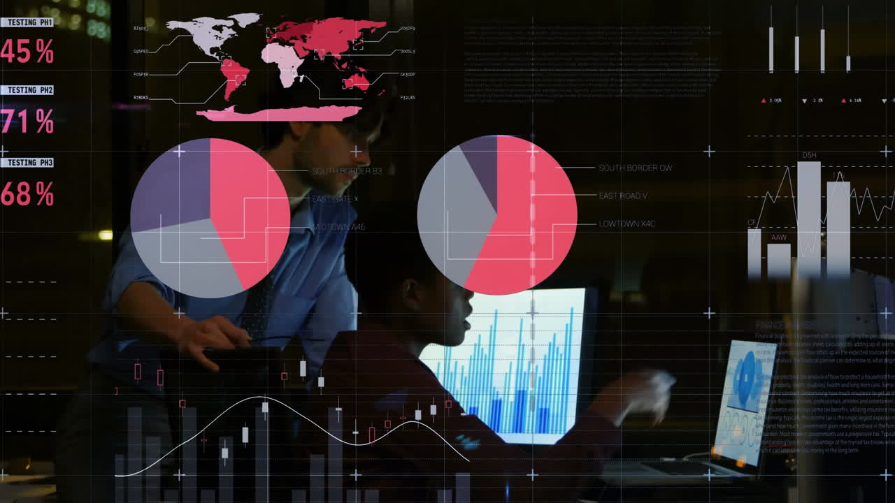 Animation of data processing over business colleagues using laptop