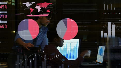 animation of data processing over business colleagues using laptop