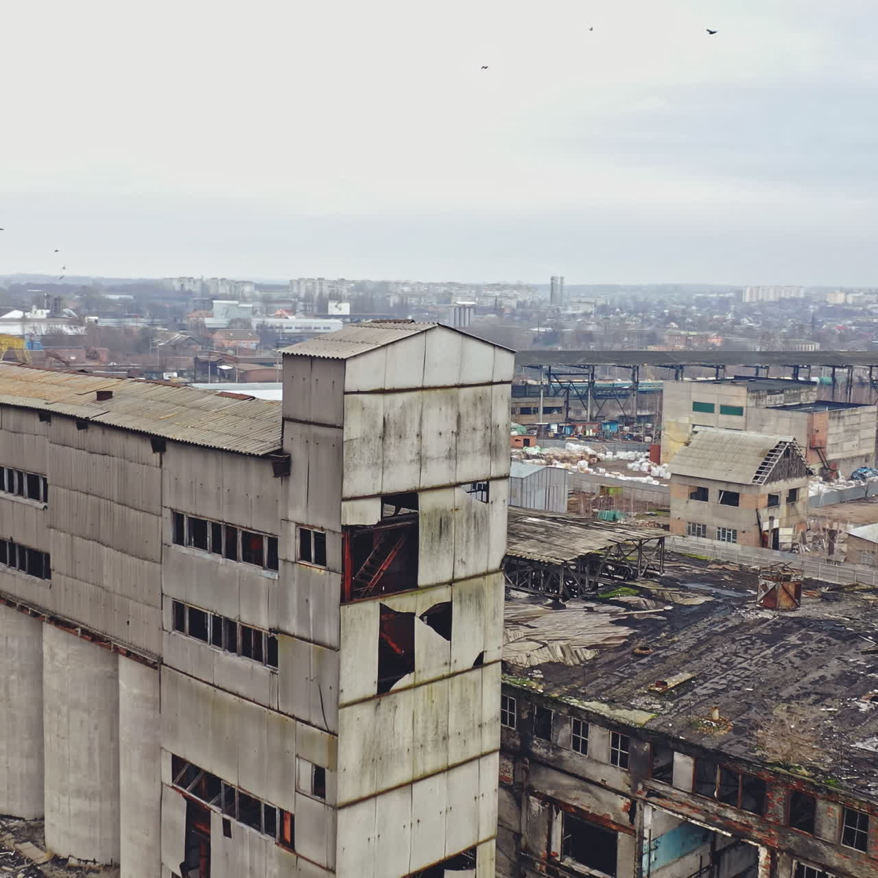 Ruins of an old factory. Old industrial building for demolition. Aerial view