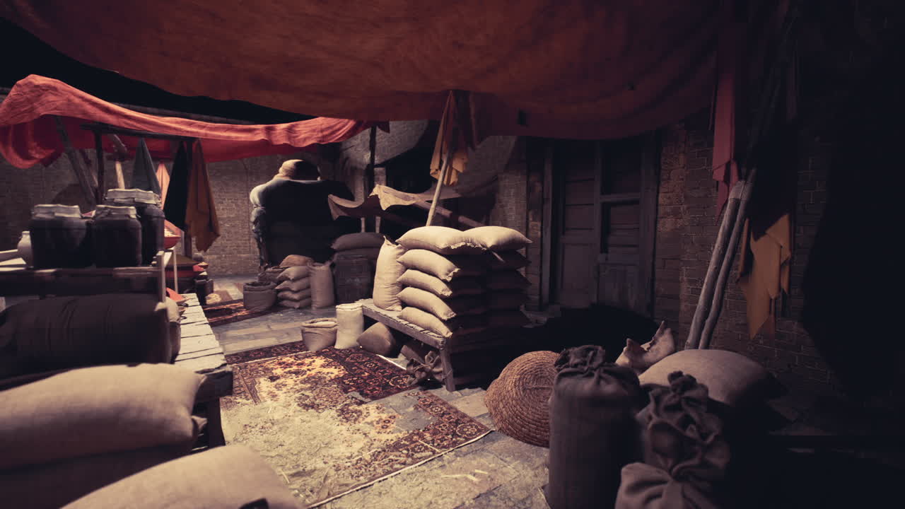 Sacks of various grains and goods are stacked in a dimly lit old bazaar