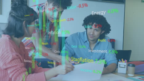 Animation of data processing over diverse business people having meeting at office