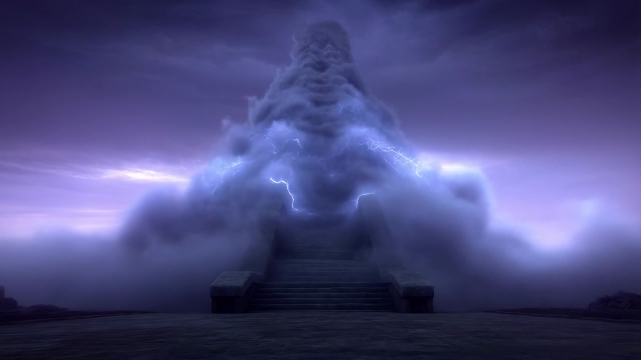 Vista frontal baixa mostra patamar de pedra desgastada e escadaria central subindo para uma coluna de nuvens massiva, com névoa rodopiante, relâmpagos internos breves, neblina crepuscular violeta e profundidade épica e sombria