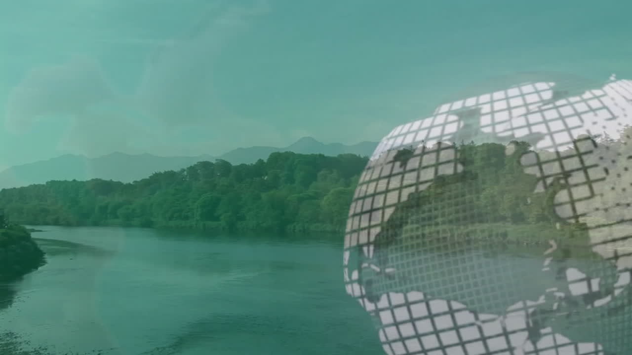animación giratoria del globo sobre el paisaje sereno del río con montañas en el fondo