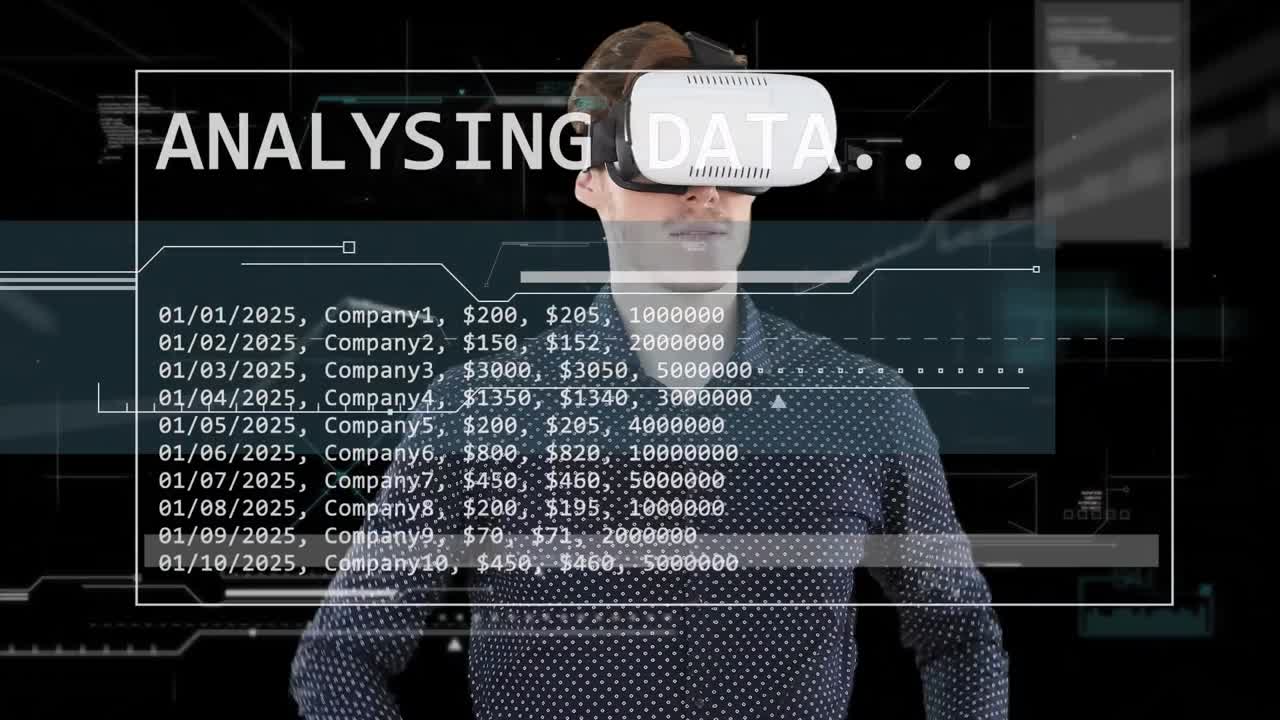 Animation of data processing over caucasian businessman using vr headset