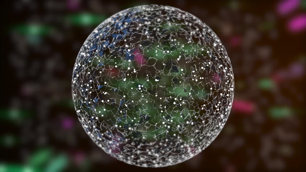 una esfera de bokeh borrosa flotante y rayos de luz de colores parpadeantes que brillan sobre un fondo oscuro.