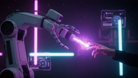 a fascinating interaction between human and robotic arm: exploring the fusion of technology and humanity through electric sparks and neon colors