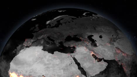 animation of burning fires in europe and russia on the northern hemisphere of the earth