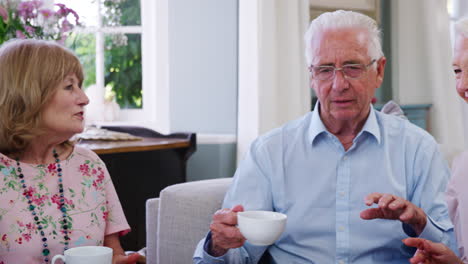 grupo de amigos mayores disfrutando de una taza de té en casa juntos