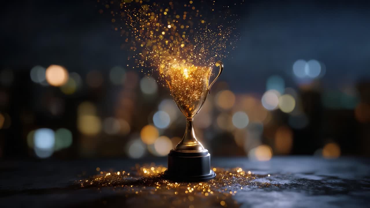 A mesmerizing golden trophy radiates a stunning display of sparkling particles, symbolizing achievement and victory in a blurred urban backdrop