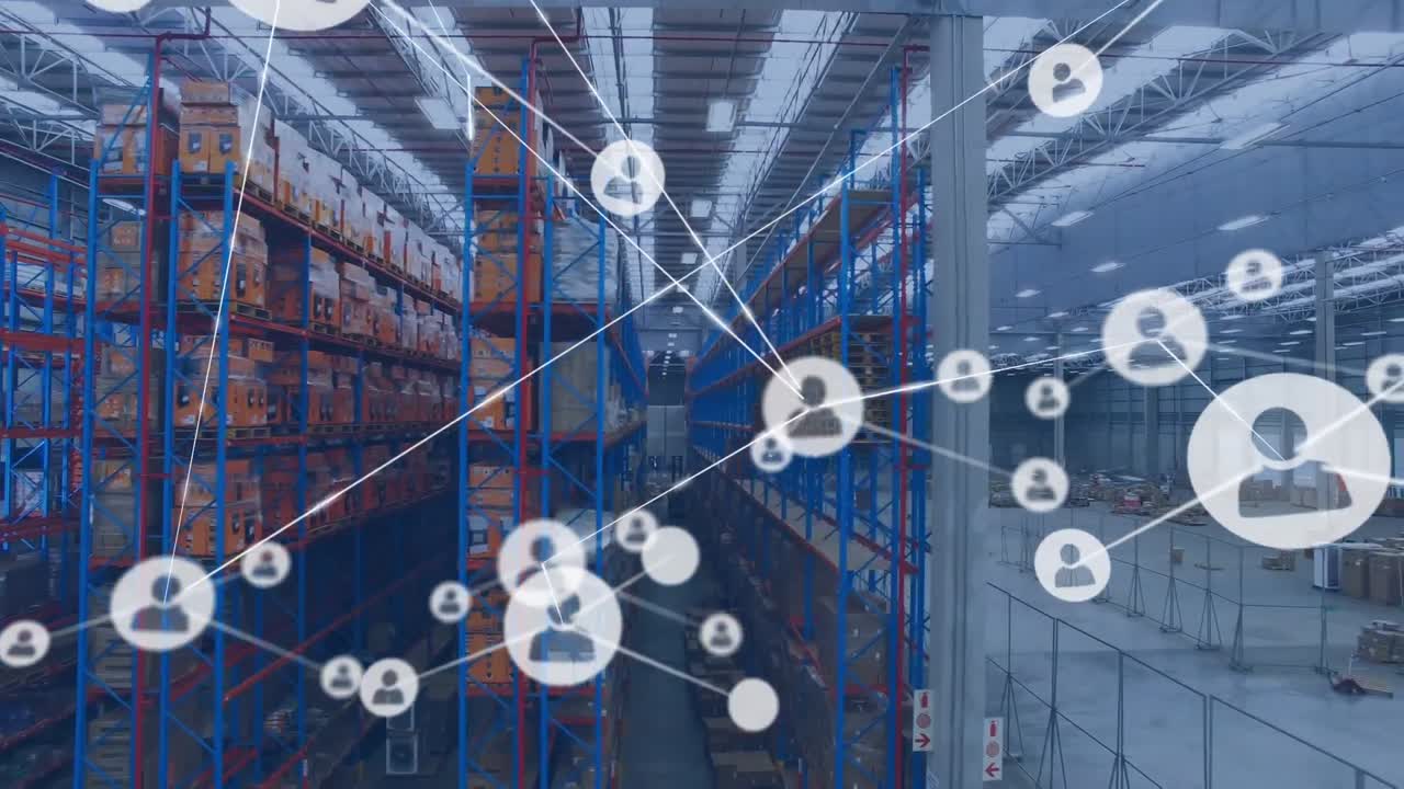 Animazione di rete di icone profilo su vista aerea di un magazzino