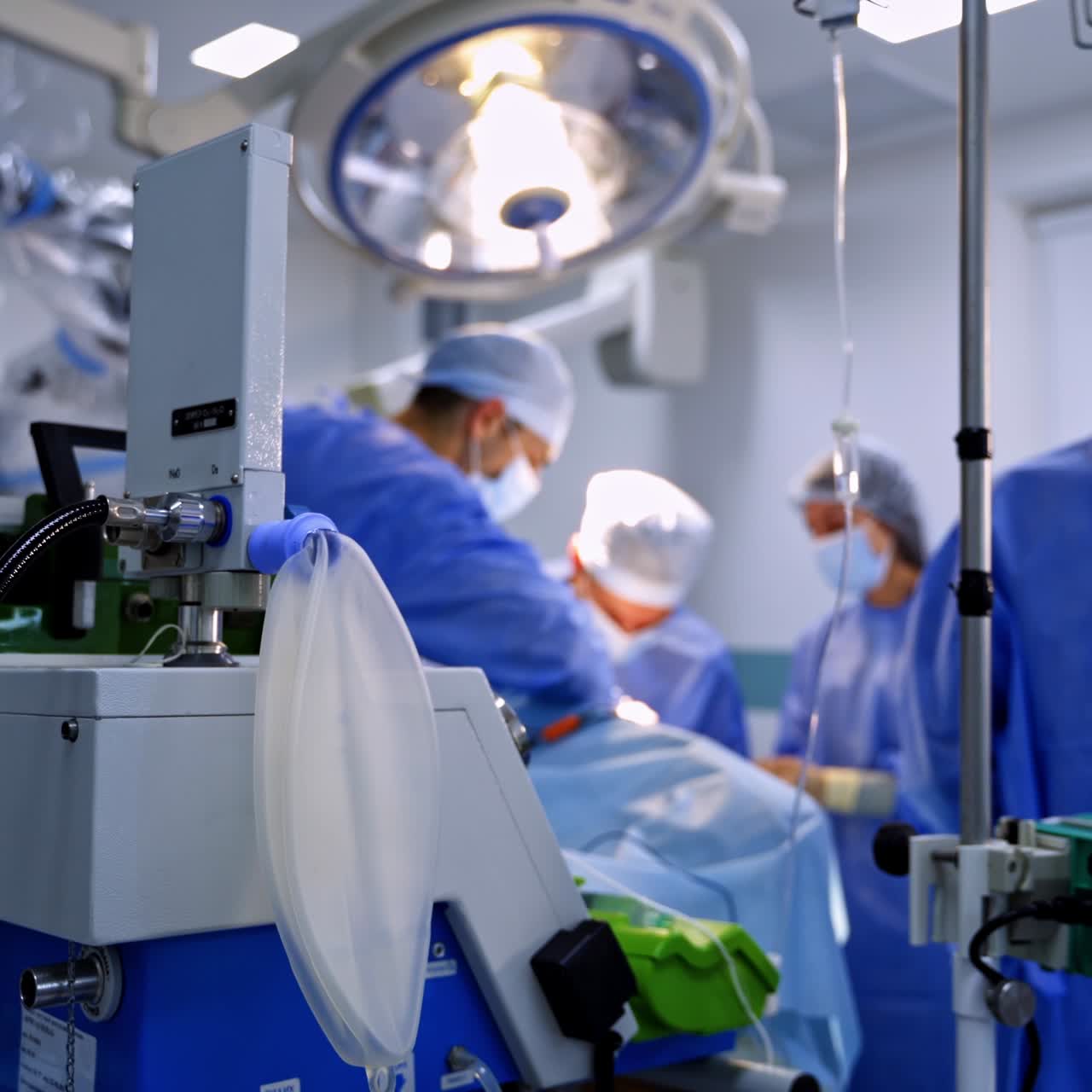 Medical apparatus for neurosurgery. Hi-tech equipment in the modern operating room. Surgeons having operation at the backdrop in blur