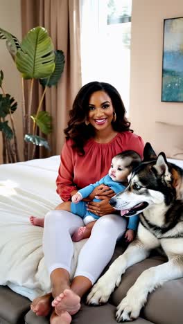 family time: mom, baby, and dog sharing a moment.