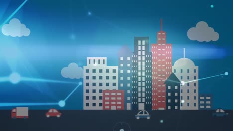 digital animation of network of connections against vehicles moving on road against tall buildings
