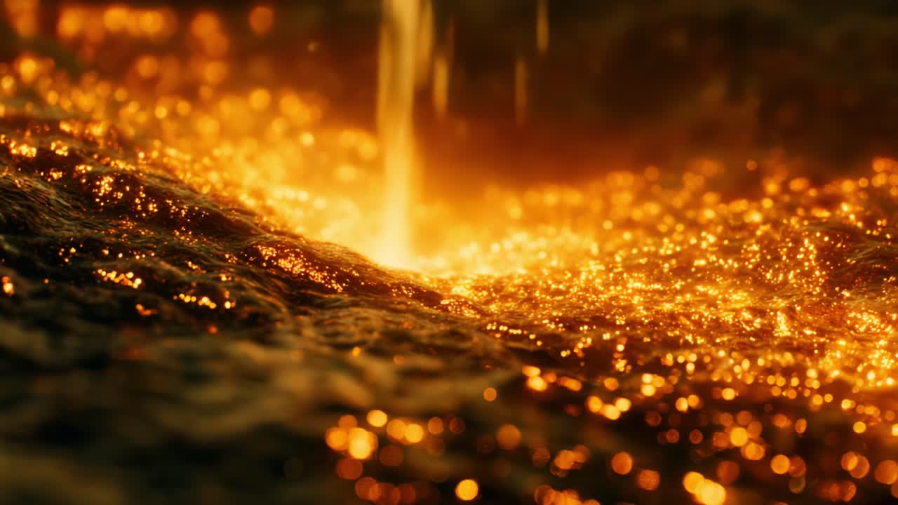 Close-up of molten lava flows glistening under a warm glow, showcasing vibrant orange and gold specks amidst the textured surface, creating a mesmerizing display of nature's raw power and beauty