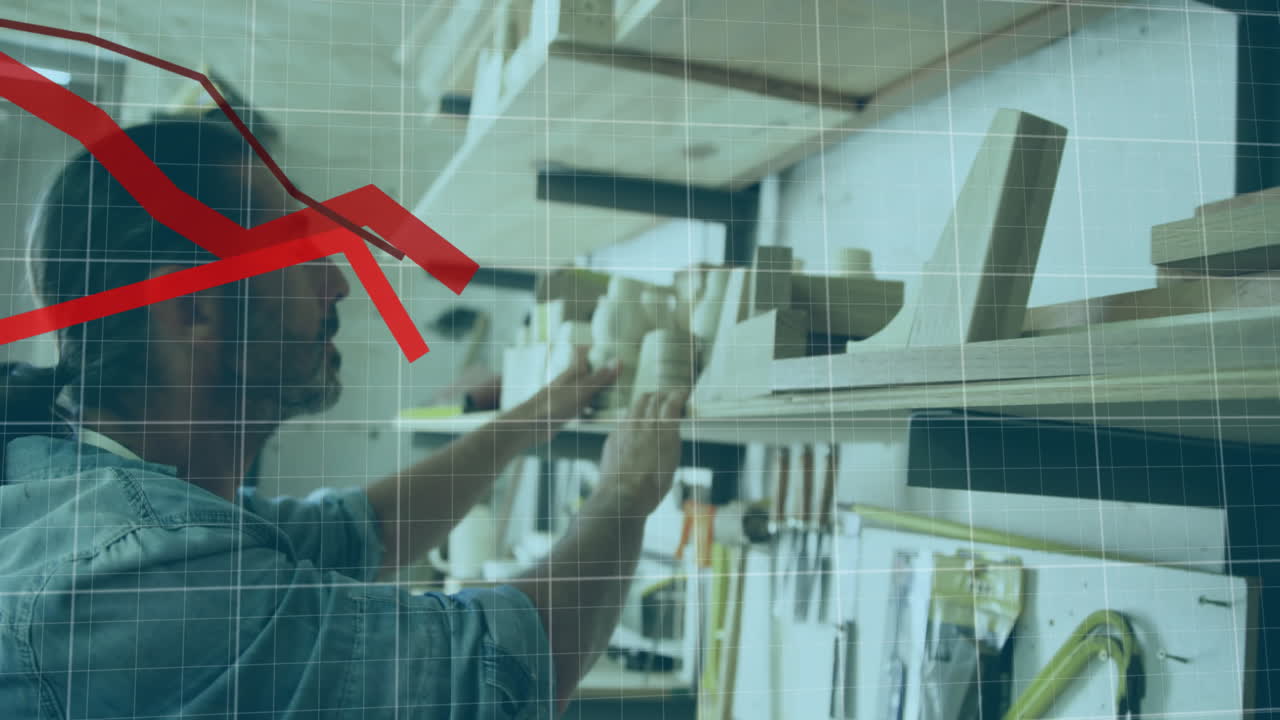 워크에서 일하는 백인 남성 목수에 대한 빨간 그래프 처리의 애니메이션