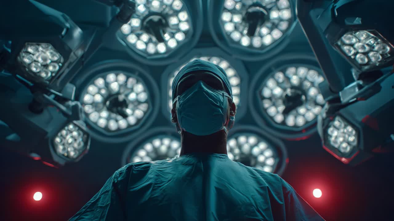 A Dedicated Surgeon in a Medical Operating Room Surrounded by Bright Surgical Lights, Prepared for an Important Procedure to Save Lives and Provide Care