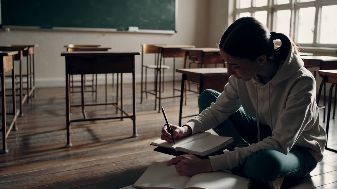 Student Studying in Empty Classroom