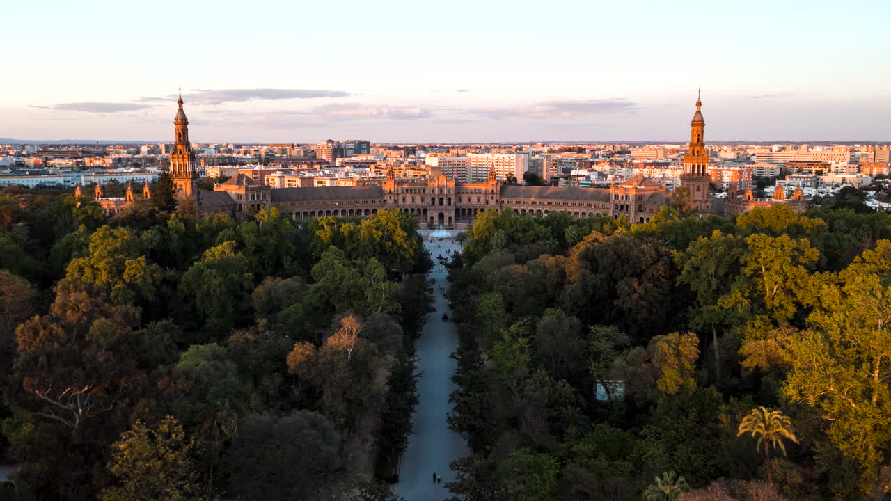 Aerial hyperlapse of the Plaza de España in Sevilla, Spain during sunset