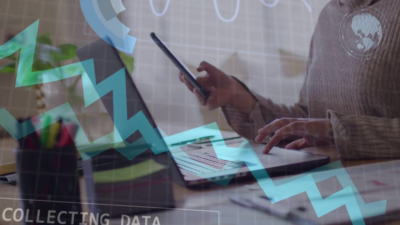 Woman tapping phone and typing laptop causing data overlay over woman; charts sweeping tech desk