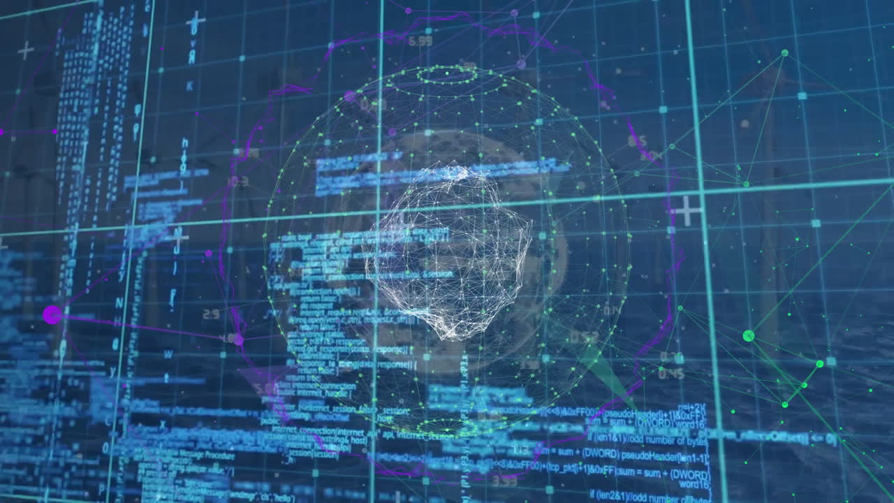 데이터 처리의 애니메이션과 파란색 배경 위의 지구