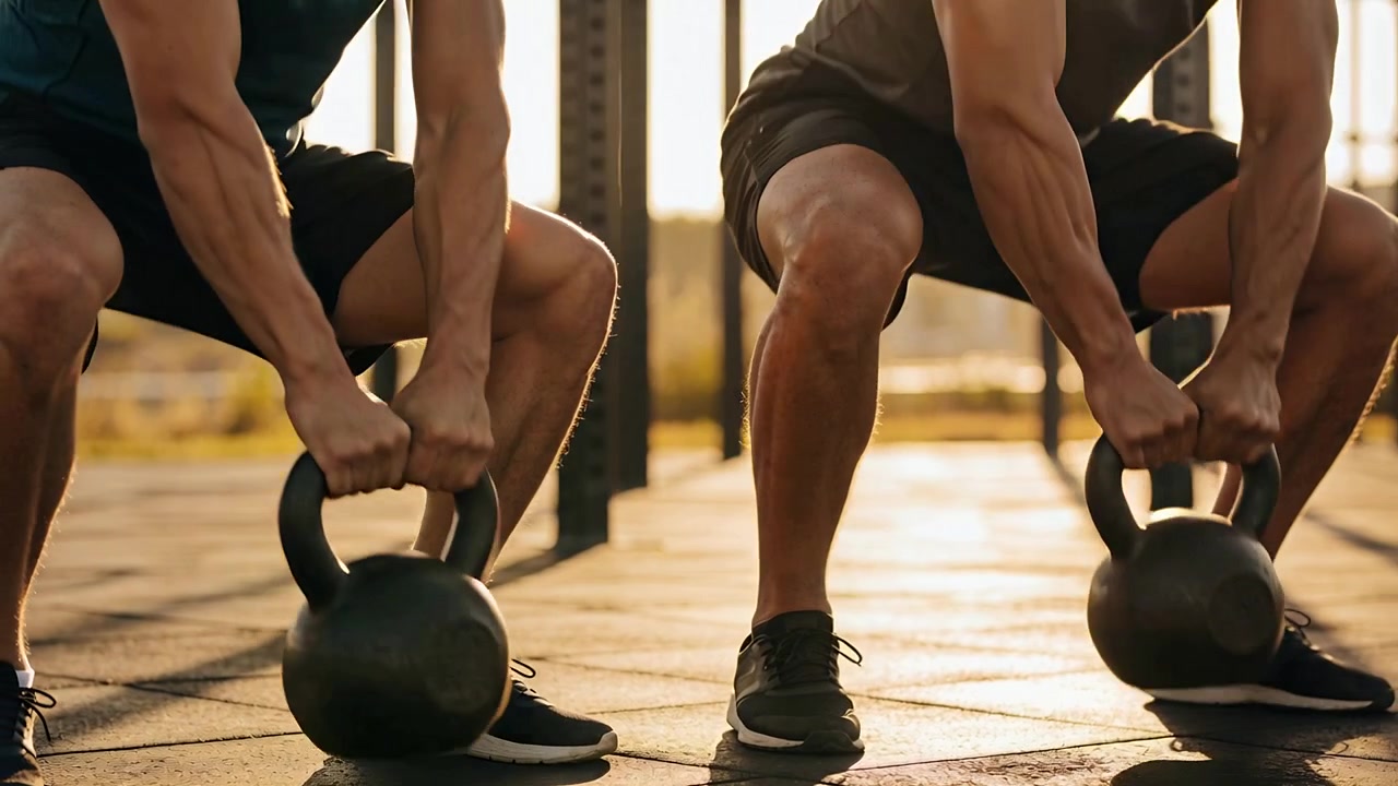 Uomini che sollevano kettlebell a comando, spingendo fianchi e ginocchia in una palestra all'aperto per la forza, in pantaloncini.