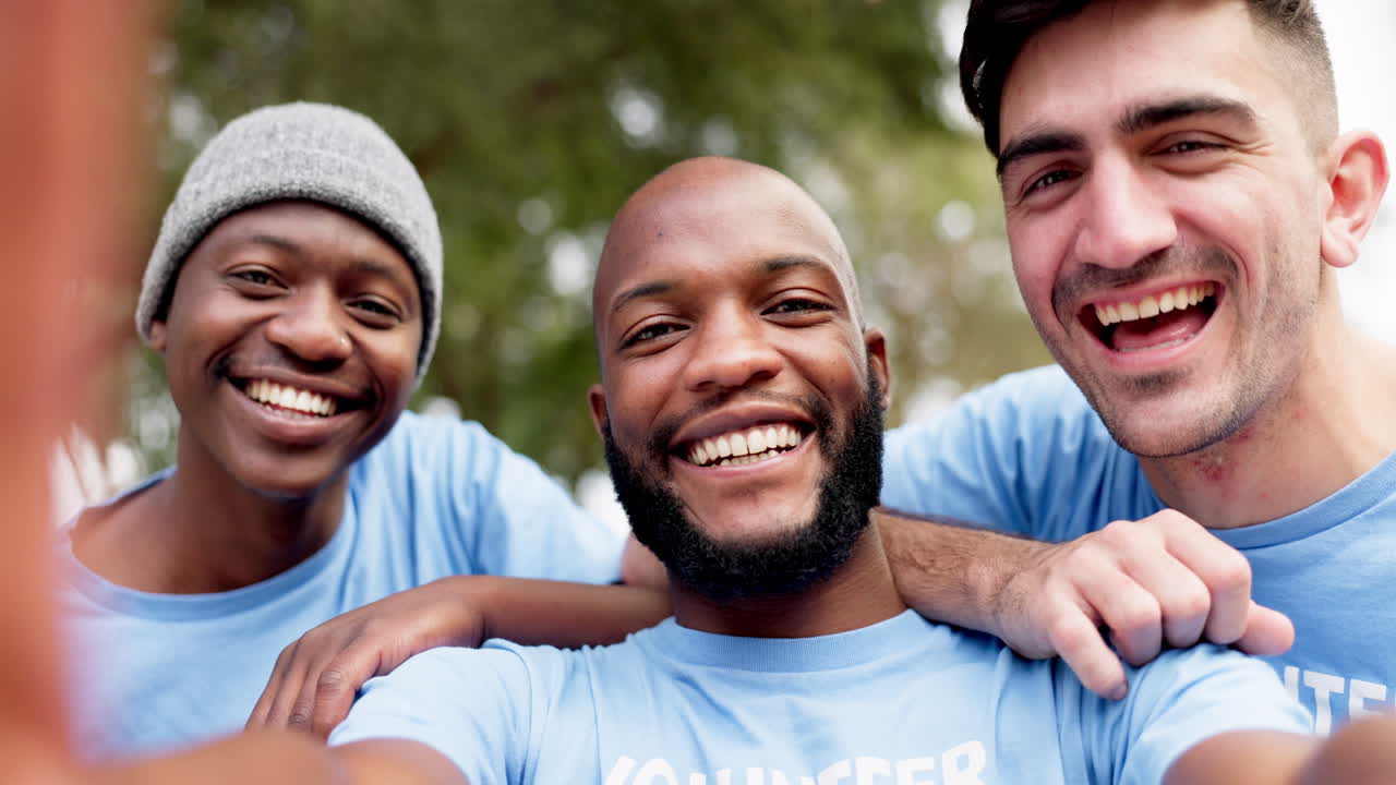 Happy man, volunteer and selfie in teamwork