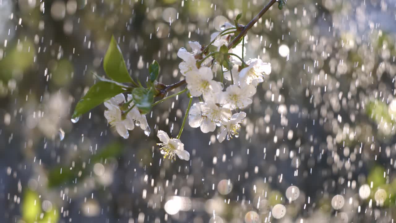 체리 꽃 기간: 봄 방울이 체리 꽃에 떨어지는 슈퍼 슬로 모션 카메라 1000fps.