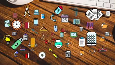 animación de iconos en movimiento sobre el bolígrafo, el ratón y el teclado en una tableta de madera