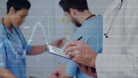 in school, healthcare professionals analyzing financial data with animation graph overlay