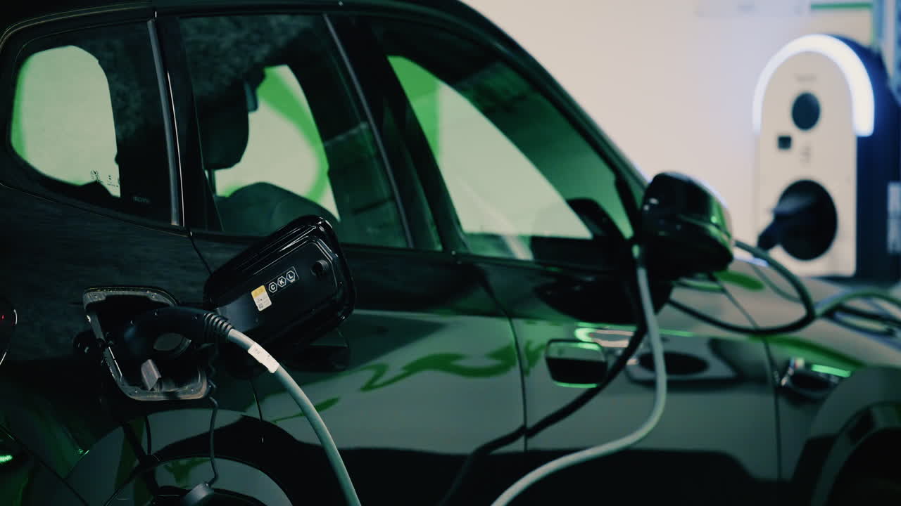 Primer plano de un coche eléctrico negro enchufado a una estación de carga