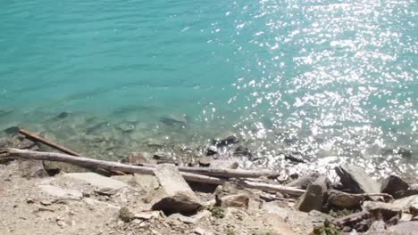 Beautiful-shore-of-Lake-Moraine-with-washed-out-wooden-planks-and-wood-on-the-shore