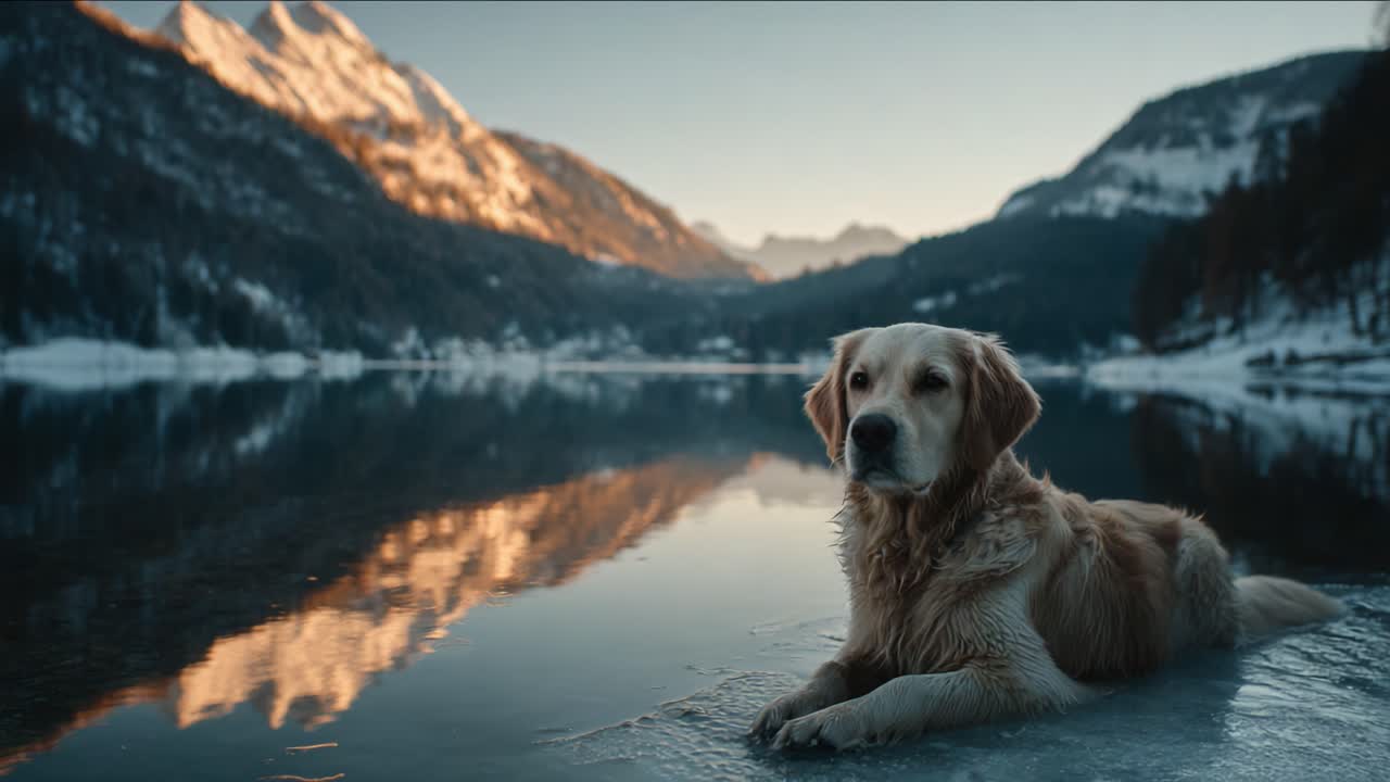 Un maestoso Golden Retriever si gode un momento di serenità in riva a un lago tranquillo, circondato da splendide montagne innevate in una bellissima giornata invernale
