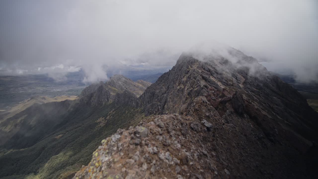 Landscape view from the peak of Ruminawi Volcano, Ecuador, on a cloudy day