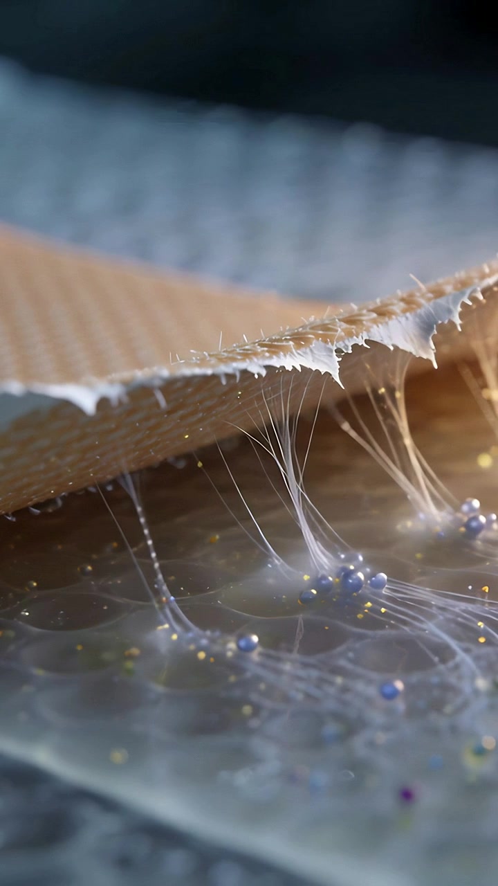 Vertical video: Tugging torn strip up from film to remove liner, lifting blue beads and gold flecks