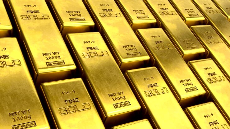 Close-up view endless loopable moving stacks of gold bars. Success or getting rich concepts. Animation of sliding camera view on gold bars