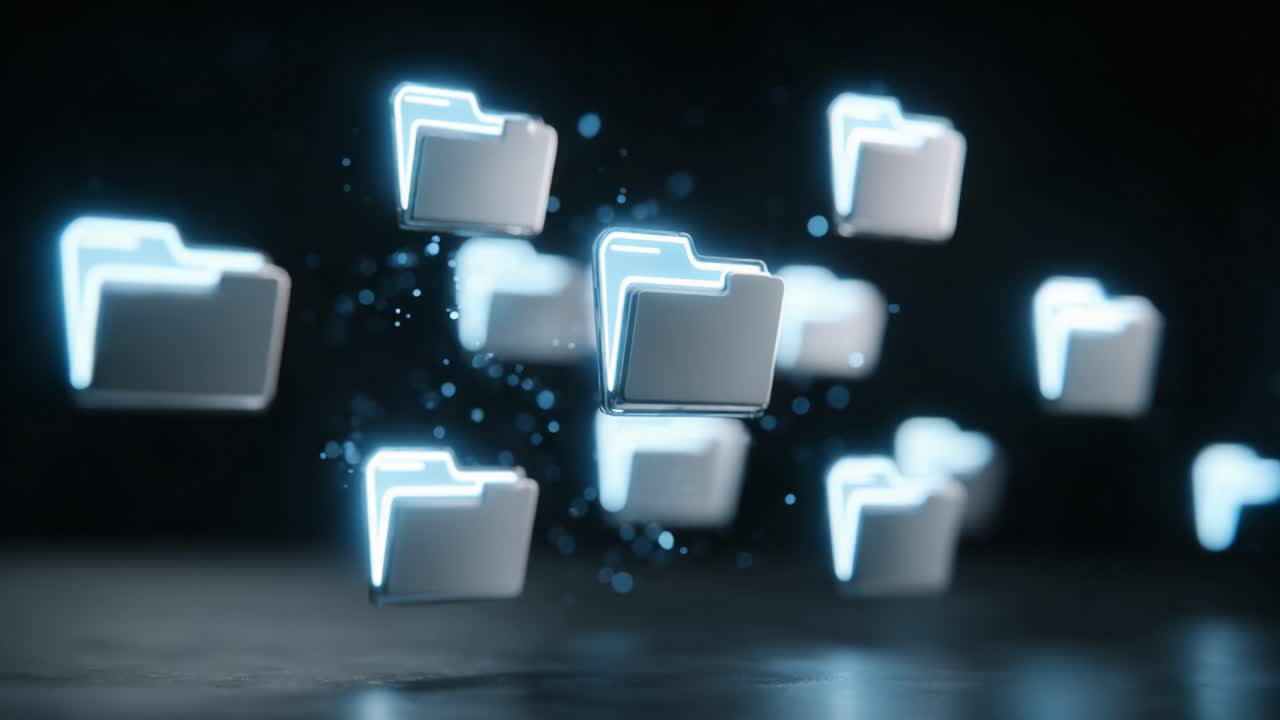 A Dynamic Showcase of Floating Digital Folders Highlighting Modern File Management and Organization in a Futuristic Data Environment