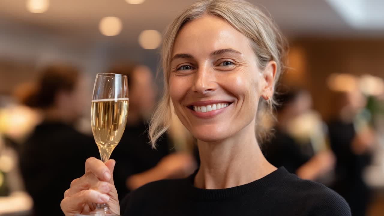 Una festa gioiosa: una donna sorridente alza un calice di spumante, irradiando felicità ed eleganza in un'atmosfera chic e raccolta