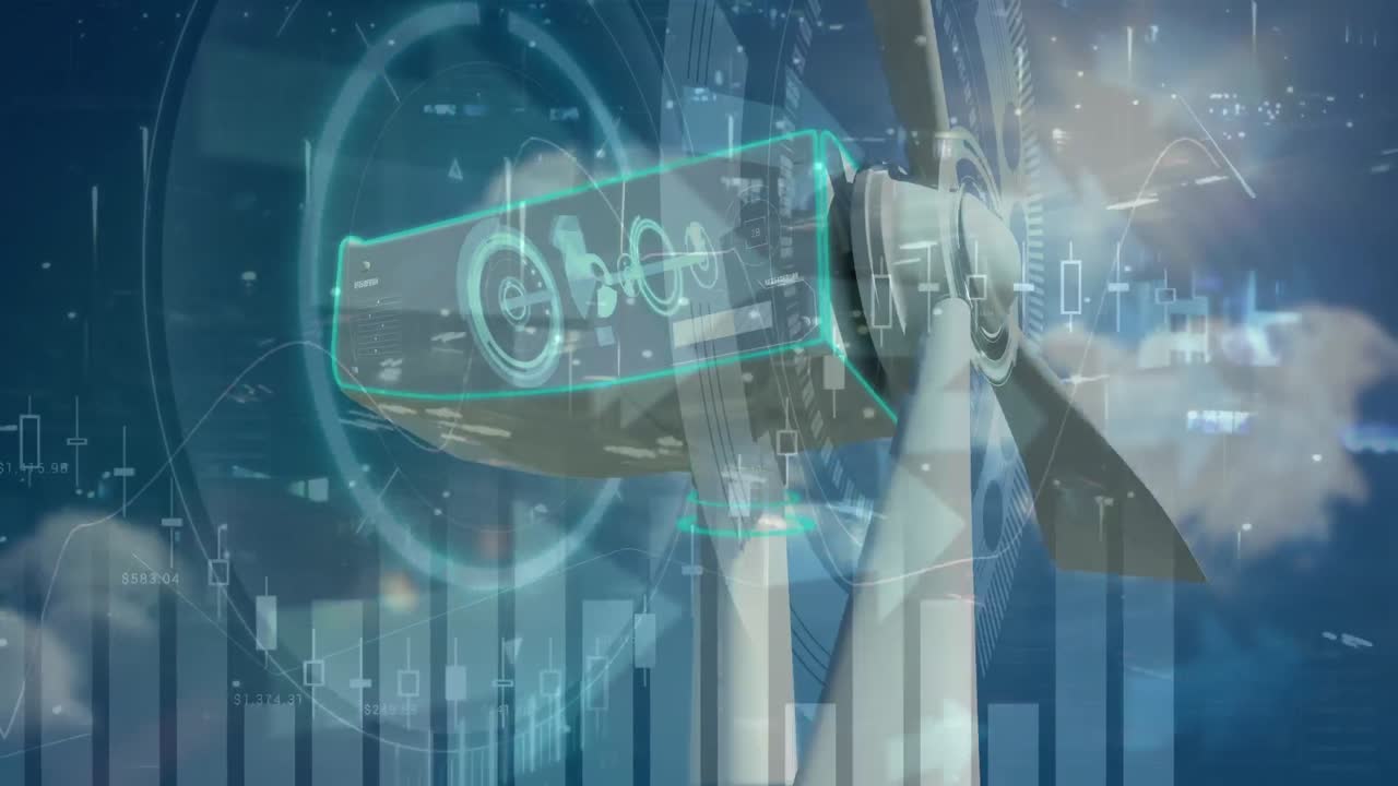 구름과 도로 교통과 함께 하늘을 이동하는 풍력 터빈에 대한 데이터와 그래프의 애니메이션