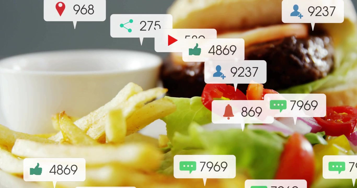 Incoming bubbles popping or sliding stacking then reflowing over burger and fries showing engagement