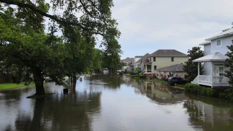 flooded streets in a quiet town in usa - aerial shot