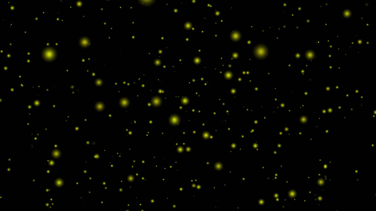 Particelle luminose sferiche che si muovono attraverso l'universo spaziale, animazione, motion graphics, effetto visivo, sfondo 3D, loop continuo 4K nero giallo