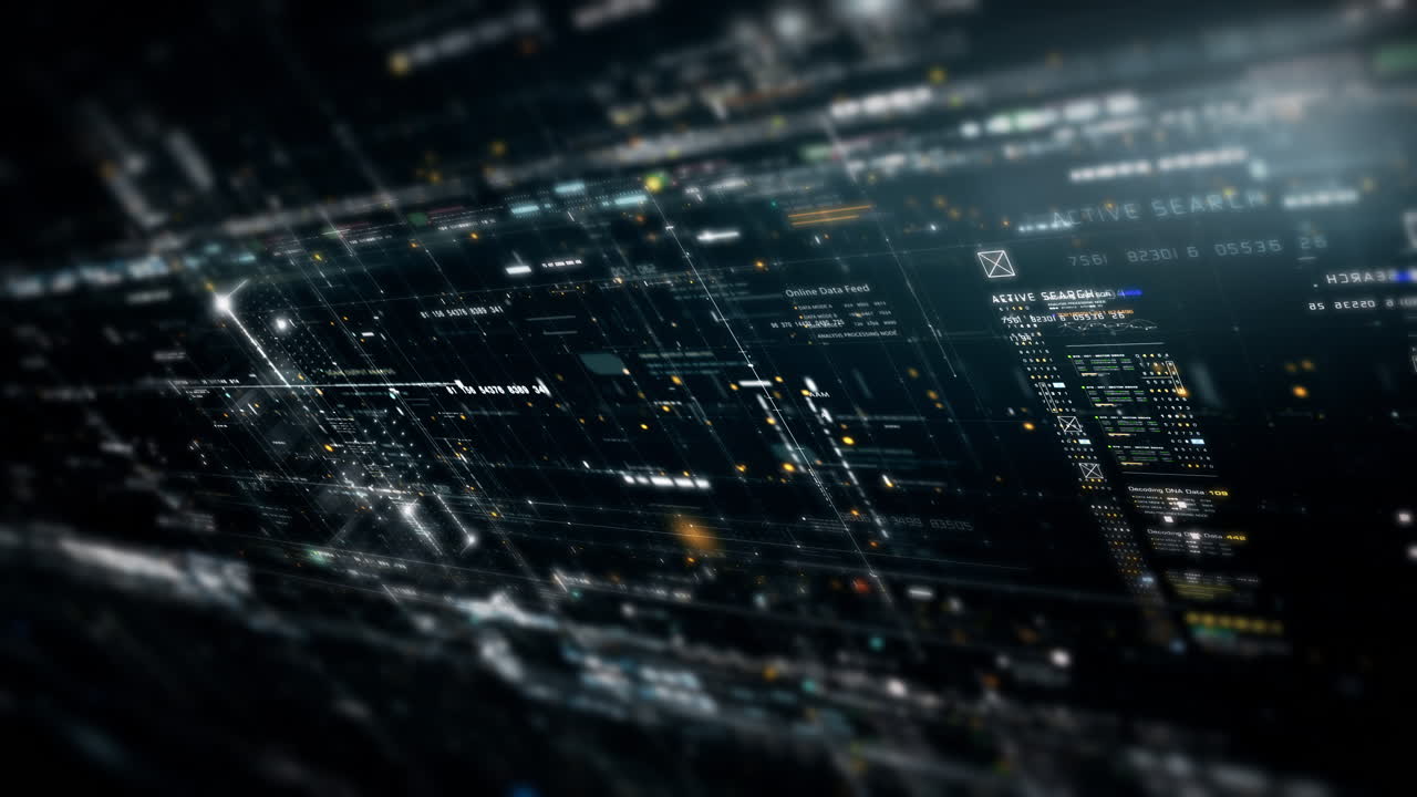 Futuristic abstract de-focus data matrix, meta, metaverse, telemetry and encrypt numbers display with particles simulation in cyber space environment for head up display background