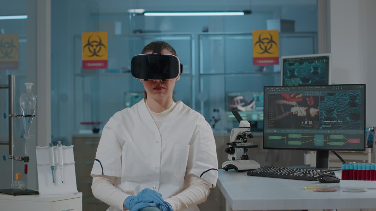 Woman biologist using vr glasses in science laboratory