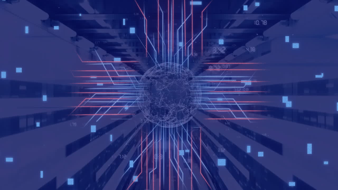 Animation of circuit board and data processing over computer servers
