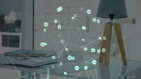 animation of network of connections with icons over empty room in office